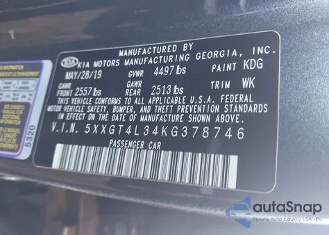 2019 Kia Optima S z USA, uszkodzony, nr VIN 5XXGT4L34KG378746